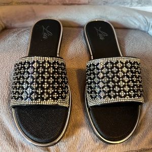 Rhinestone slide sandals in black & silver rhinestones size 40